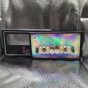 Cream Nail Set with Black and Gold Designs